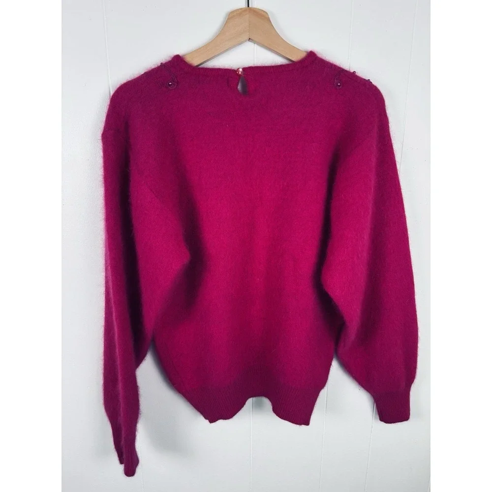 Vintage 80s Pink Coquette Bow Beaded Fuzzy Angora Wool Knit‎ Sweater Pullover